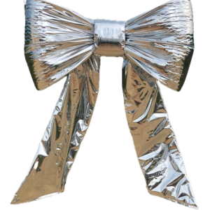 Large steel-frame velvet bow wrapped around a building balcony